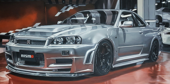 Illustration réaliste d’une voiture Nissan, peinte à l’huile par Dardan Rashiti, mêlant art technique et passion automobile

